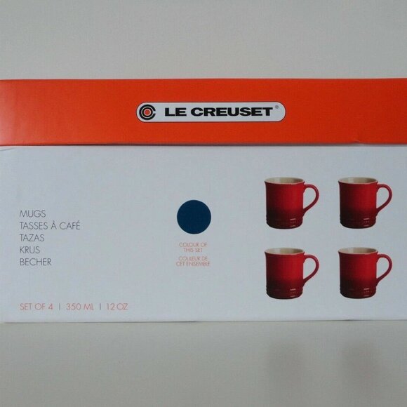 NIB LE CREUSET Blueberry Blue Stoneware Mugs Cups Embossed Lettering Set of 4 - Picture 8 of 8